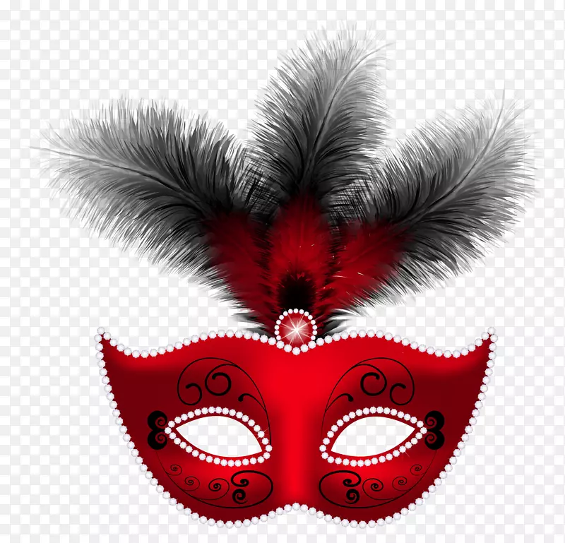 面具化妆舞会狂欢节剪贴画-红色羽毛狂欢节面具PNG剪贴画