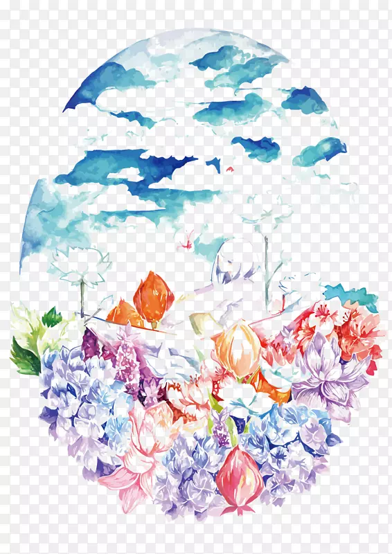 花卉设计花束水彩画天空水彩画下的水彩画