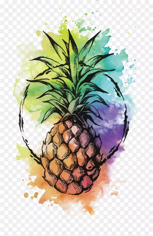 菠萝鸡尾酒水彩画穿孔纹身水彩菠萝