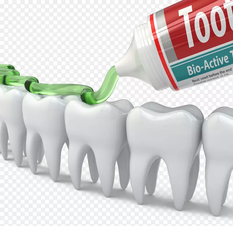 人类牙膏牙科牙刷一排牙齿和软膏
