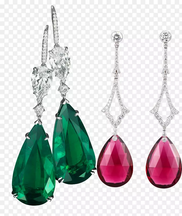 耳环珠宝夹艺术.绿色粉红宝石耳环