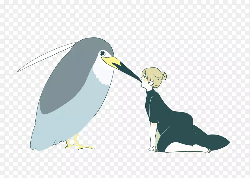 鸟类企鹅插图-女孩亲吻巨鸟的嘴