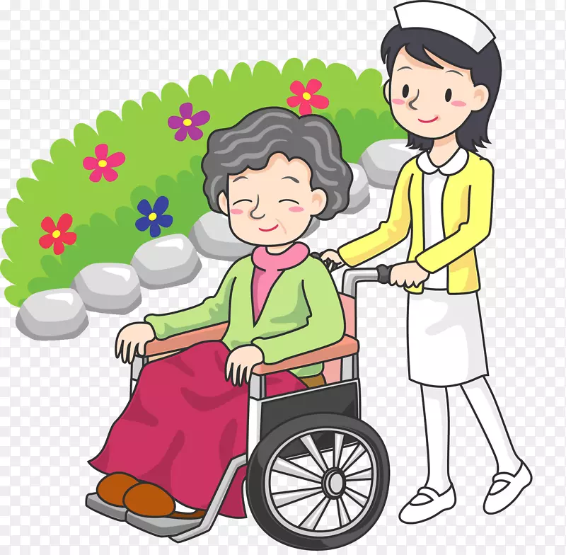 轮椅卡通-护士推轮椅人散步