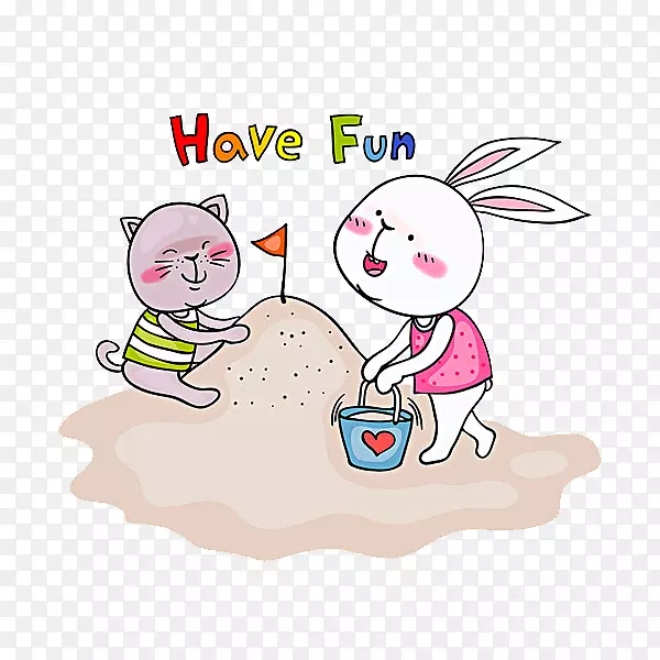 沙滩艺术与兔子插画-动物玩沙