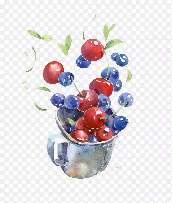 水彩画插图.蓝莓和樱桃果