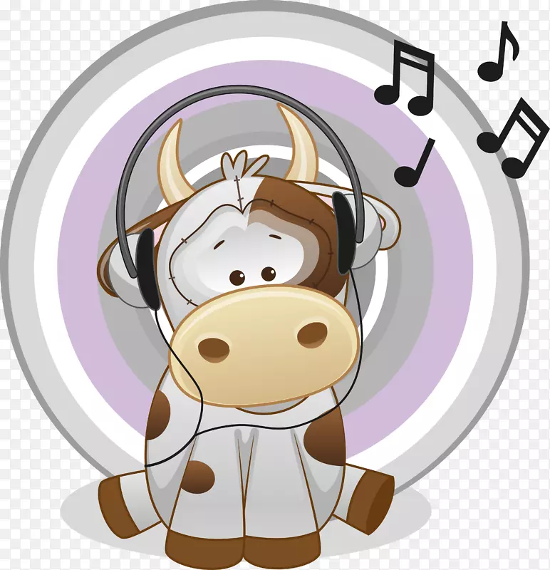 荷斯坦弗里西亚牛耳机插图-戴着耳机可爱的卡通动物载体材料