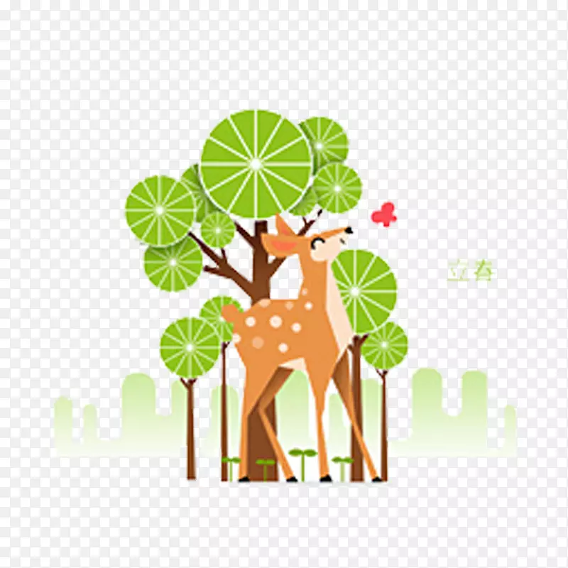 长颈鹿，驯鹿，绿长颈鹿和树