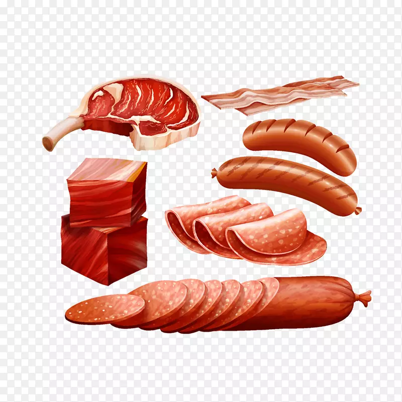 咸肉火腿，腊肠，肉片，​​火腿和猪肉