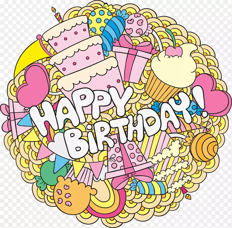 生日蛋糕贺卡祝你生日快乐-卡通生日卡圆形元素材料