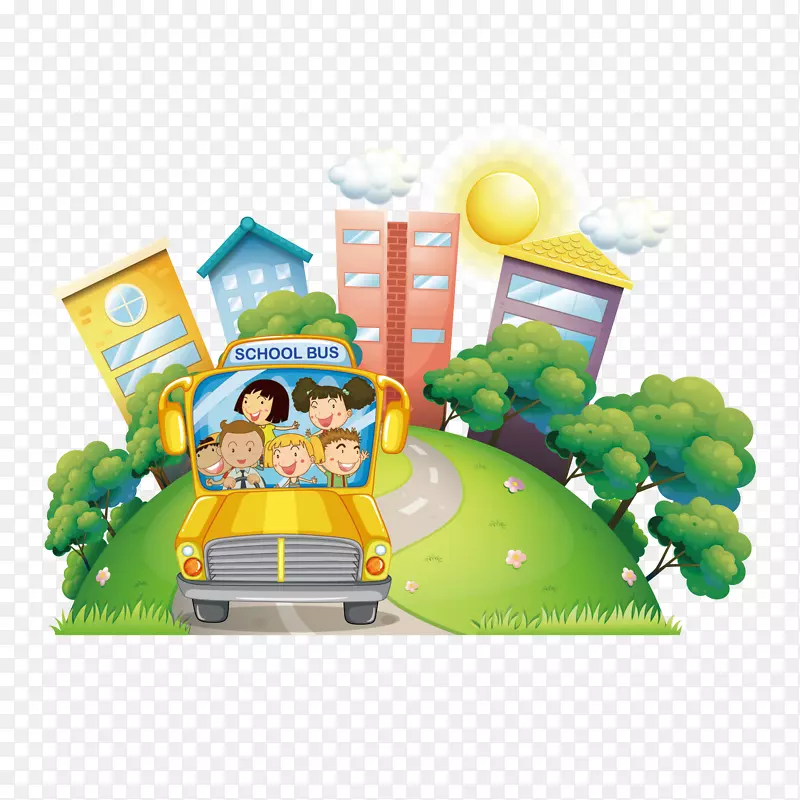 学生学校免版税插图-儿童中的校车