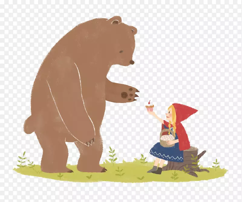 棕熊卡通插图-小红帽和大棕熊