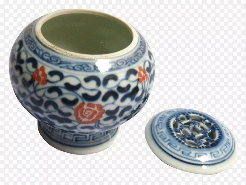 蓝白色陶器-蓝白莲花香罐
