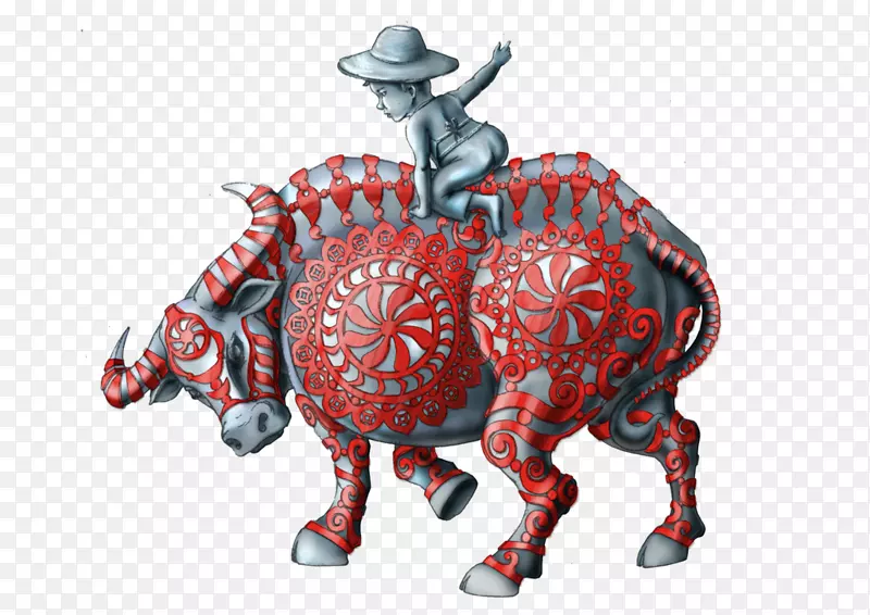 雕塑绘画插图-骑着红牛的男孩