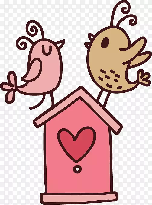 鸟类婚礼卡通派对-粉红色心形手绘鸟巢