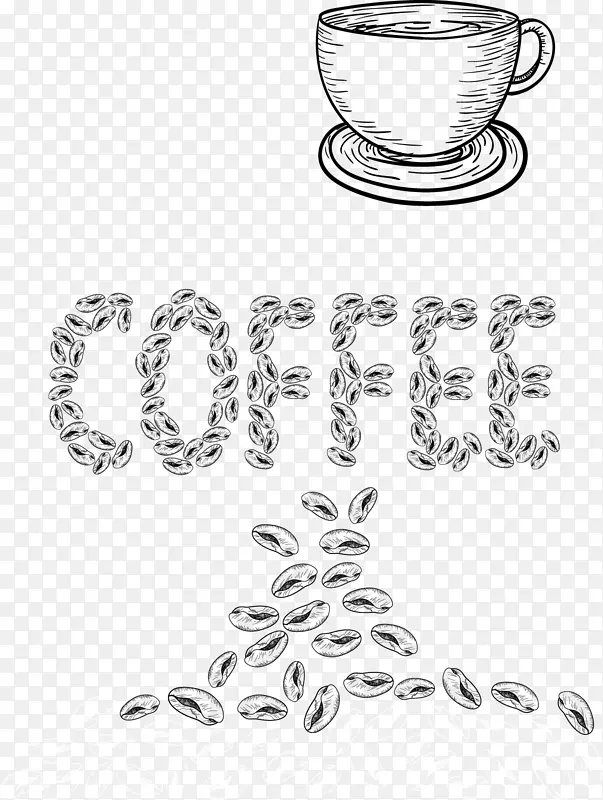 咖啡豆咖啡厅素描杯和咖啡豆