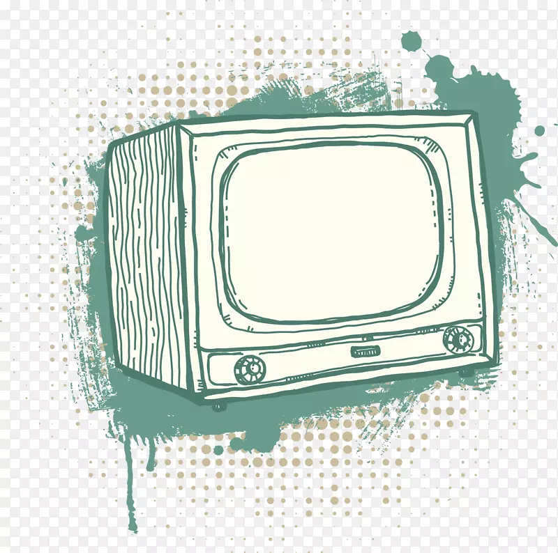 电视机绘图插图.手绘蓝绿色电视