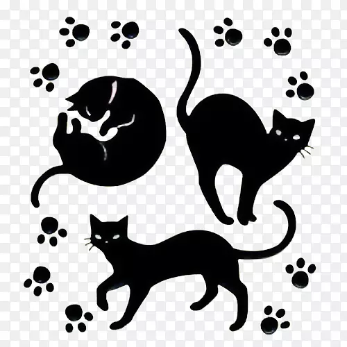 胡须，黑猫，野猫，黑色卡通猫和脚印