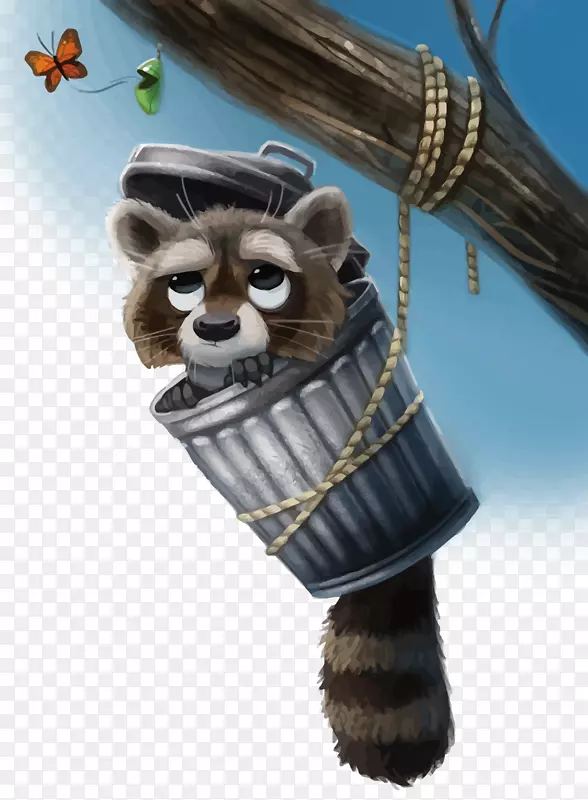 浣熊绘画插图-垃圾桶中的小熊
