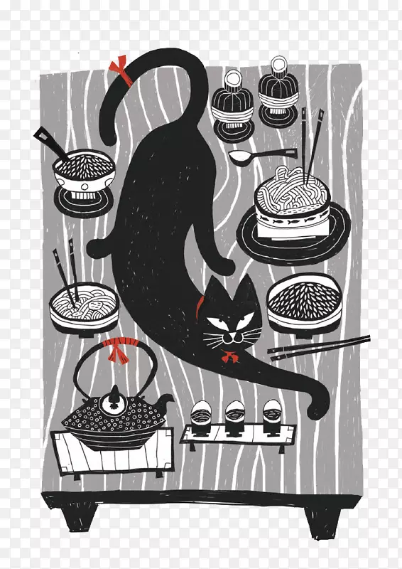 黑猫插图-桌子上的黑猫