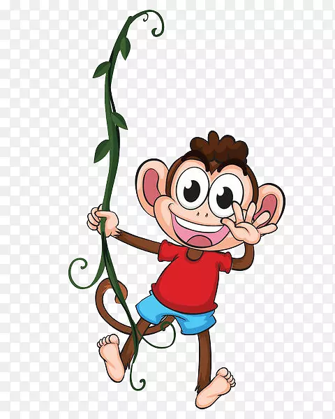 黑猩猩猴子卡通插图-猴子拿着拐杖