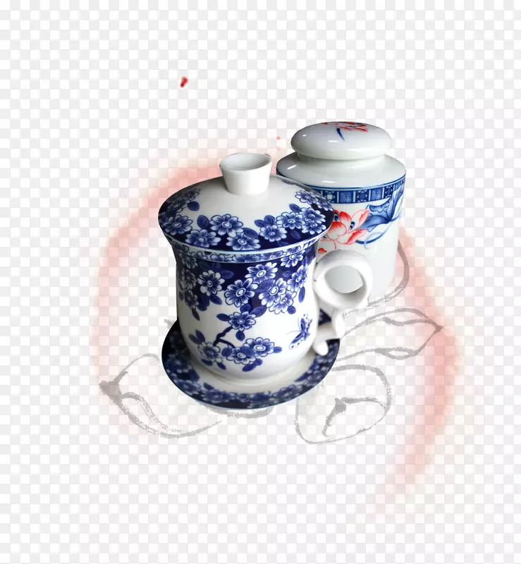 蓝白色陶器咖啡杯茶壶茶具