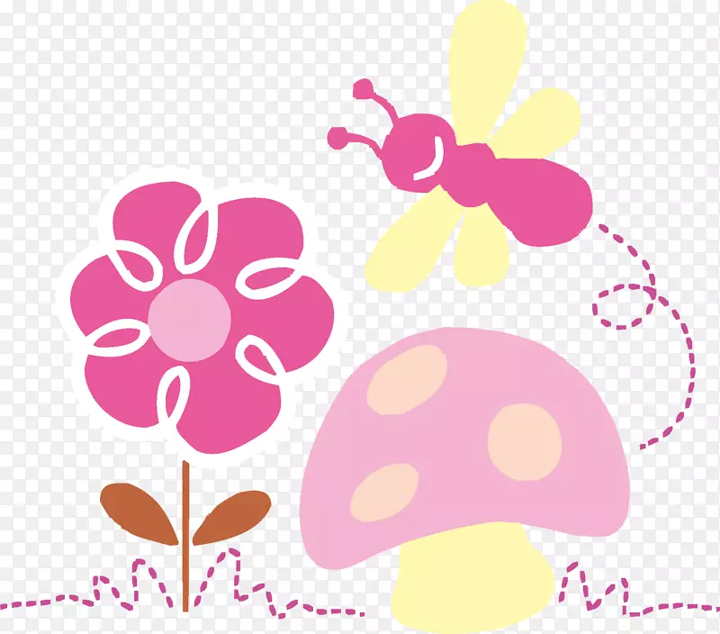 蝴蝶卡通-花和蝴蝶，蘑菇