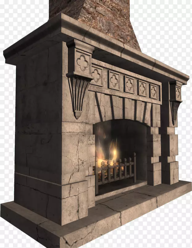 中世纪壁炉，烟囱，砖石，烤箱，花环