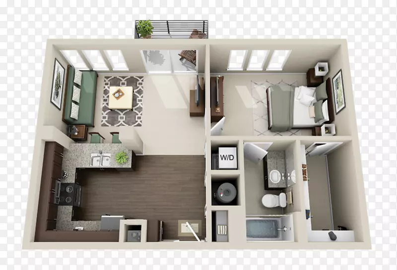 西门豪华公寓住宅平面图演播室公寓-3D平面图
