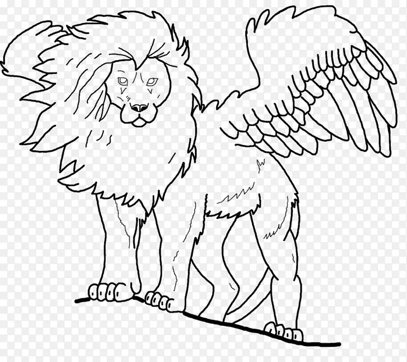 有翅膀的狮子线艺术黑白剪贴画-狮子