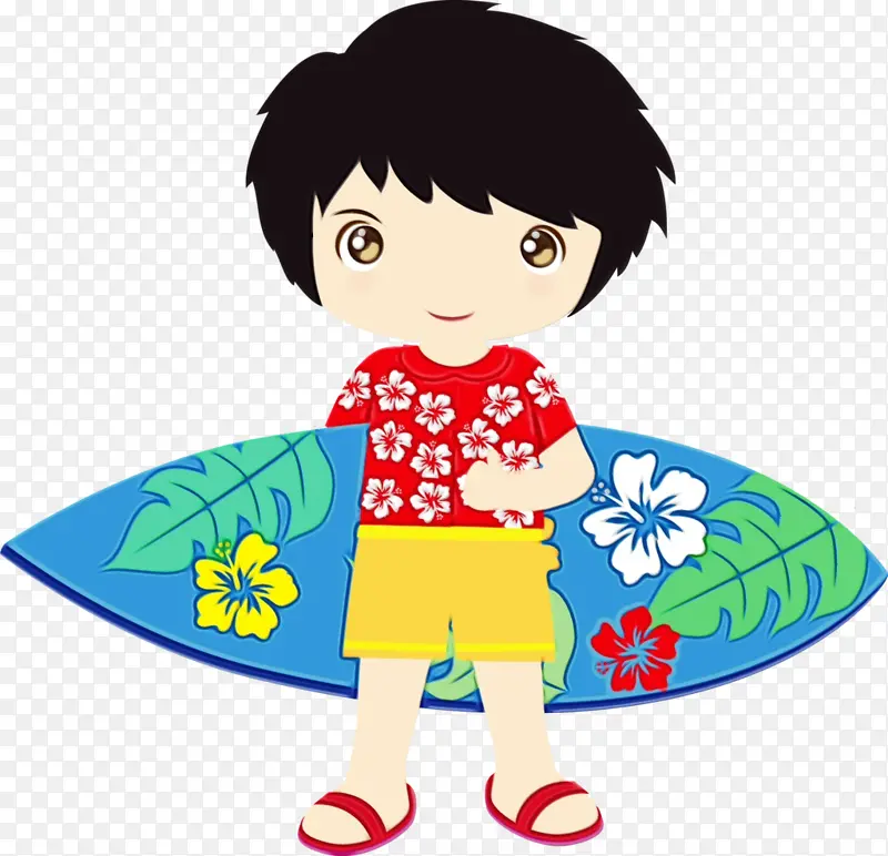 夏威夷海滩夏威夷语夏威夷原住民阿洛哈草裙舞男孩夏威夷卡通冲浪游戏儿童艺术冲浪板黑发