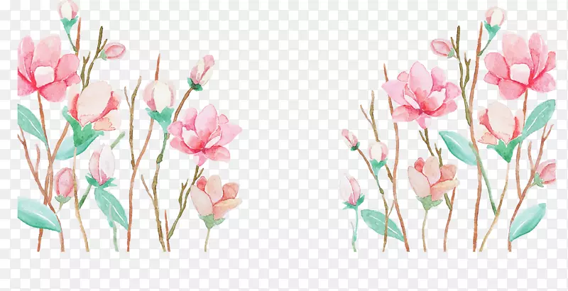 手绘风水彩粉色花丛