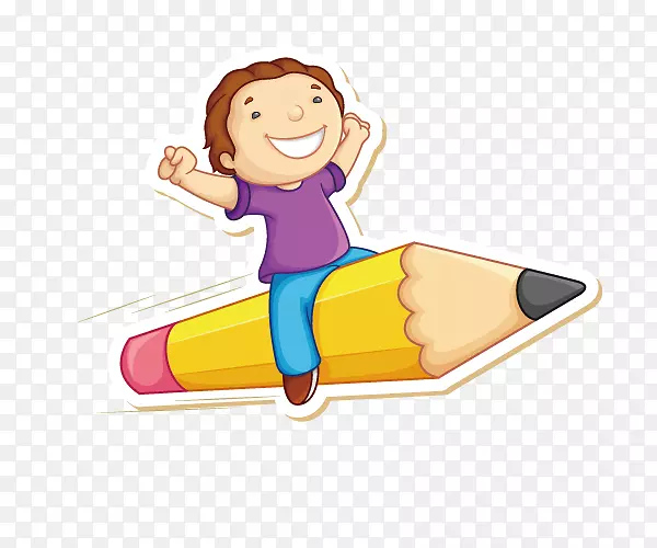 卡通手绘坐在铅笔上的孩子