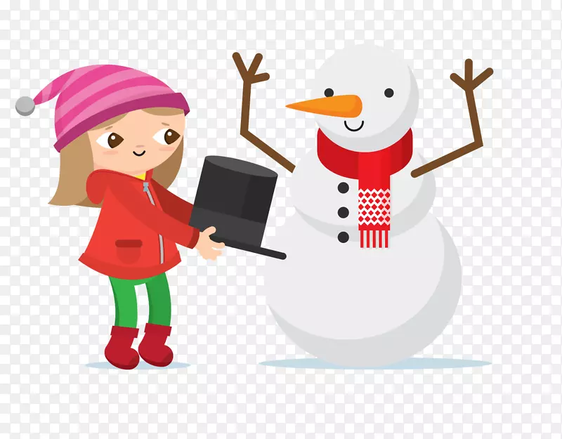 冬季女孩堆雪人插画