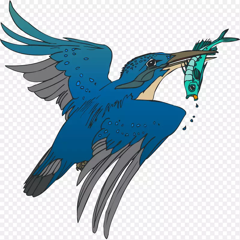 卡通插画捕鱼的蓝色小鸟