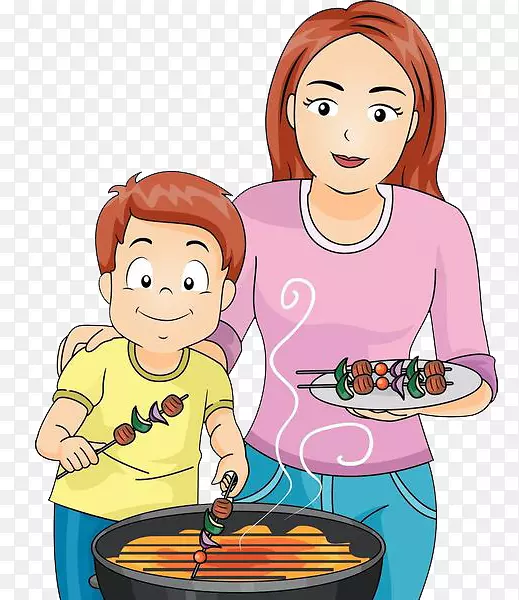 妈妈与儿子一起烧烤