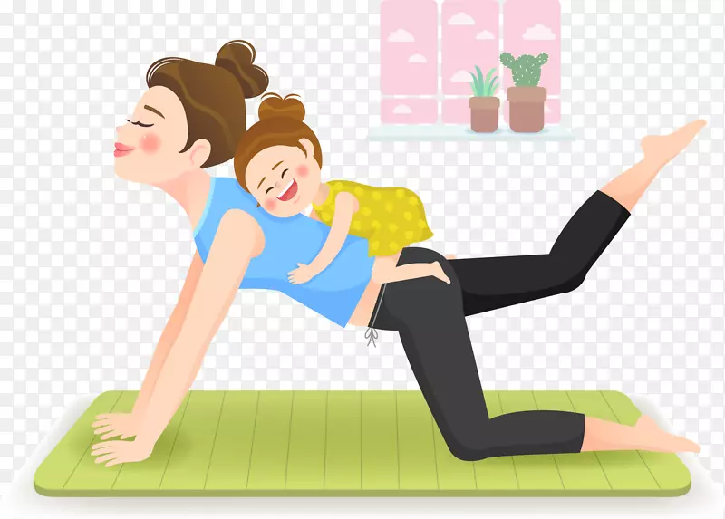 卡通母女瑜伽锻炼亲子插画