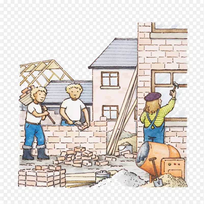 手绘插图建筑工人方砖盖房子