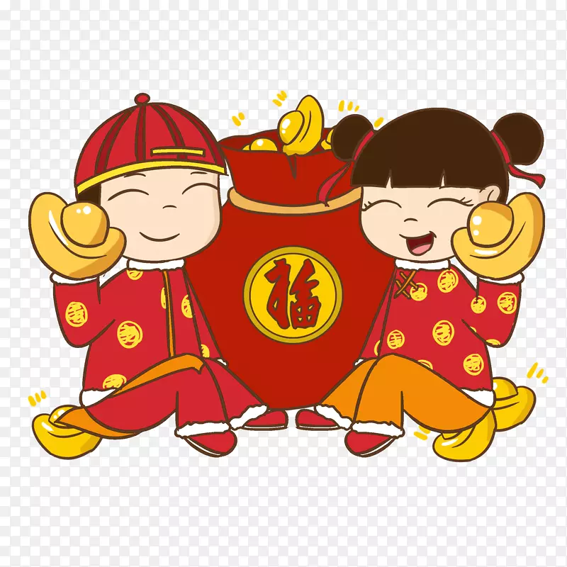 卡通新年敲鼓福娃素材