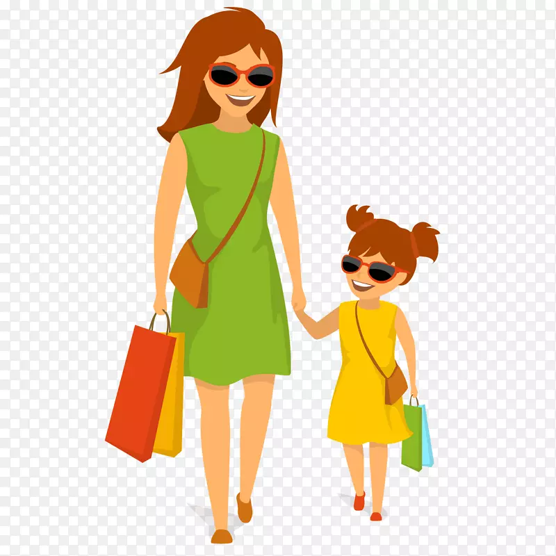 妈妈和女儿购物矢量插画
