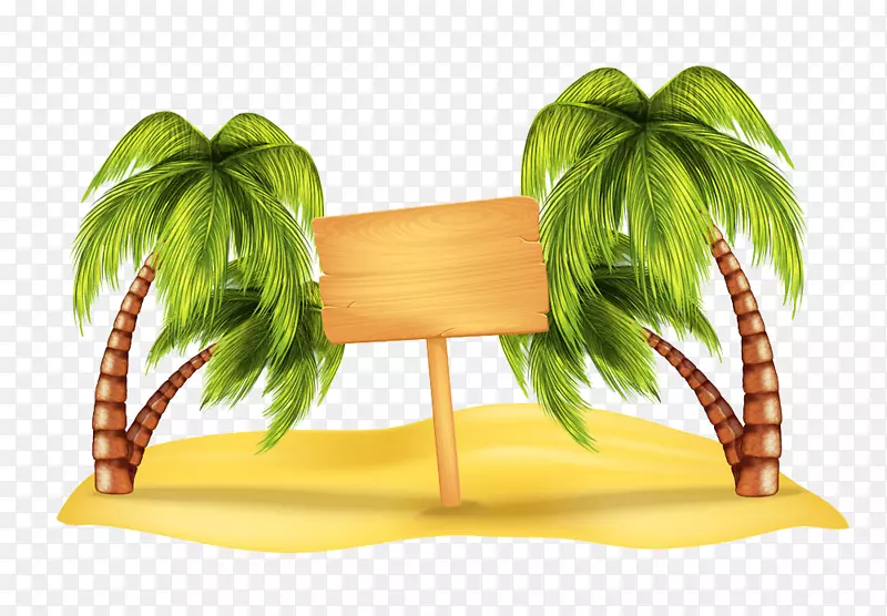 木质指示牌和椰子树插画