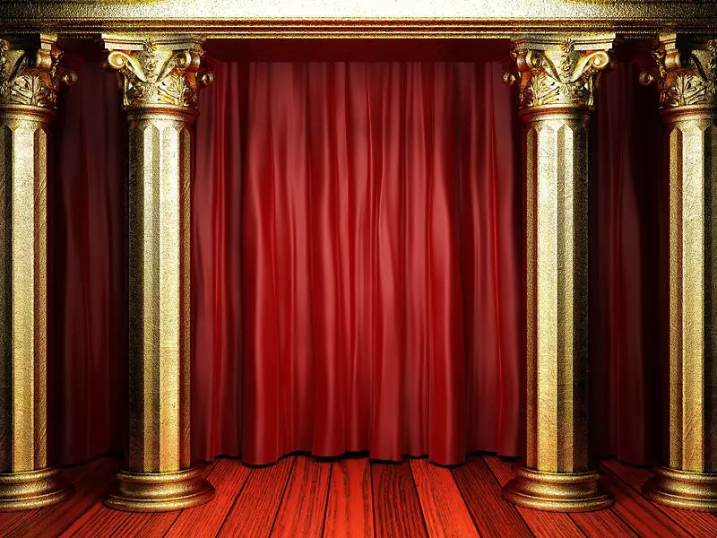 舞台上的圆形柱子和红色幕布