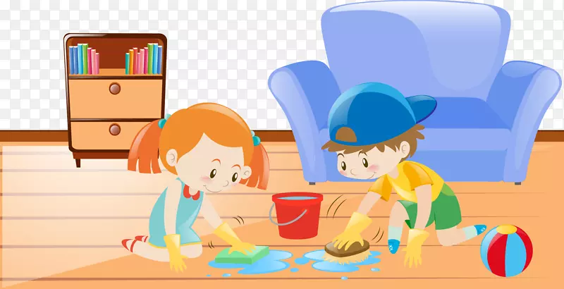 卡通插图两个小孩擦地板