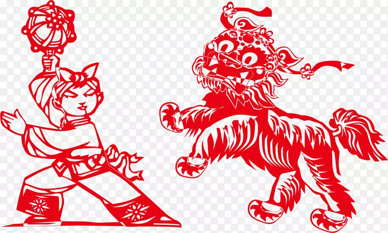 春节红色舞狮剪纸