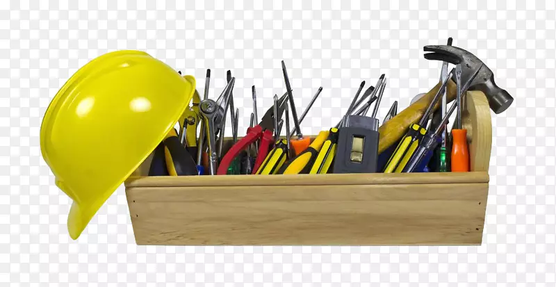 黄色帽子和木质工具箱