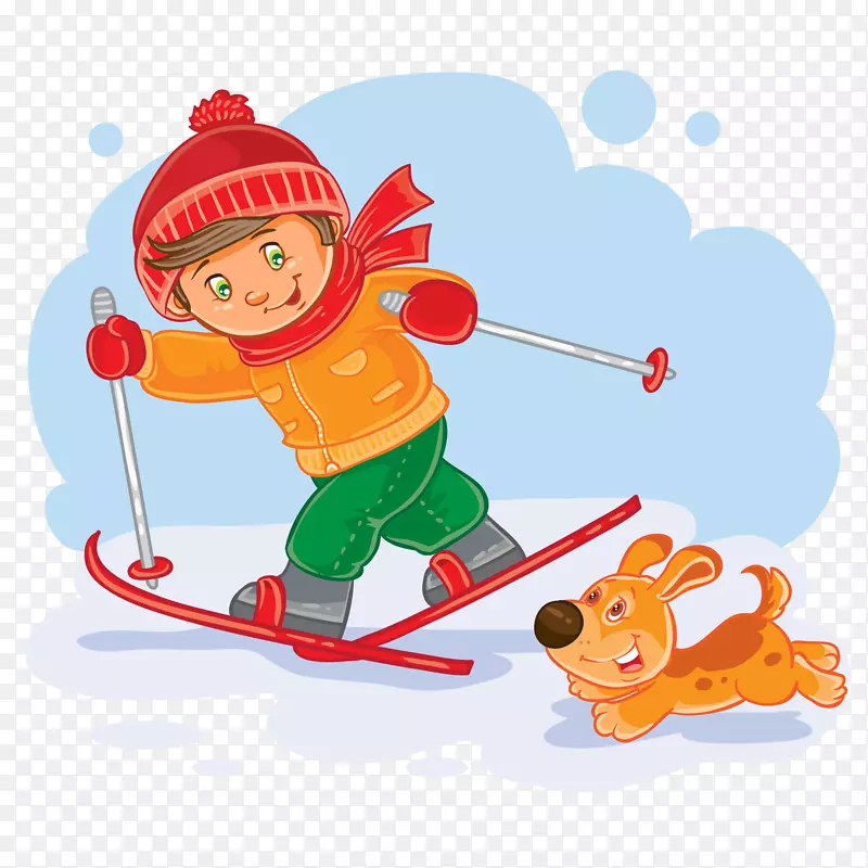 矢量手绘滑雪的男孩插画