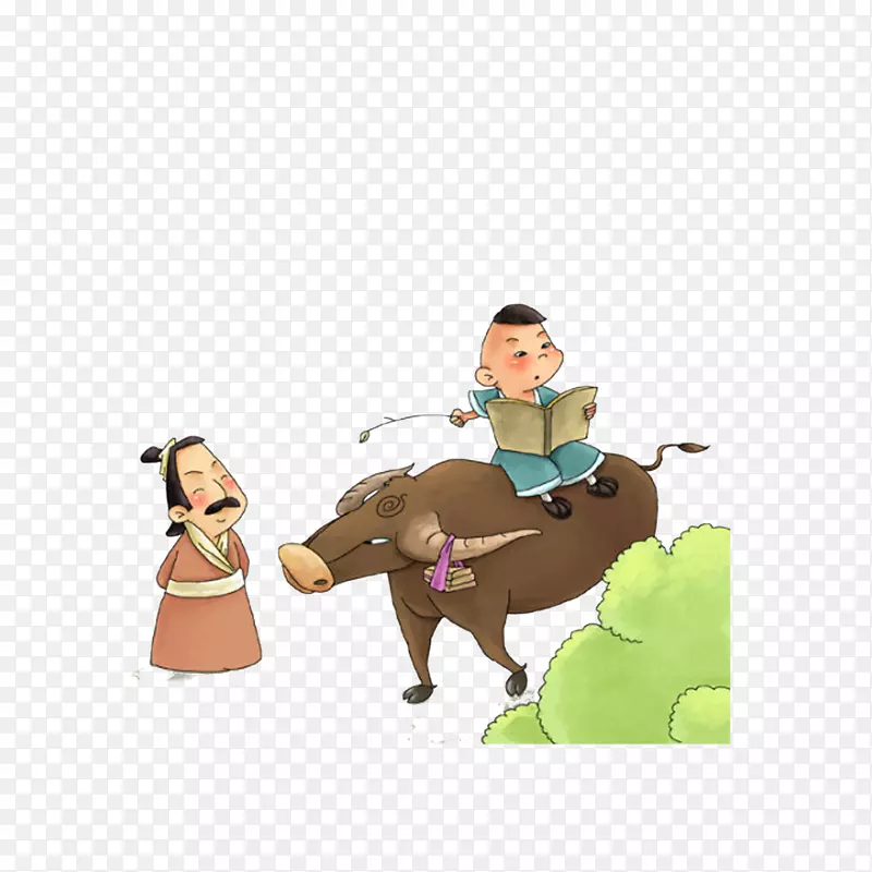 卡通骑在牛背上看书的古代小孩素