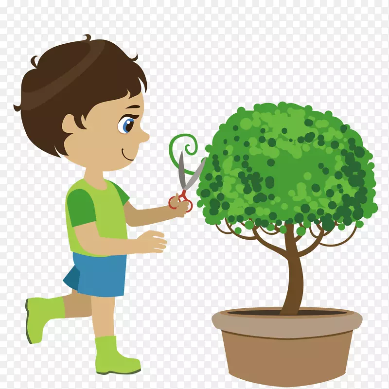 卡通小孩植树节植树修剪树动作矢
