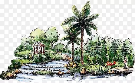 创意合成效果水彩别墅椰子树