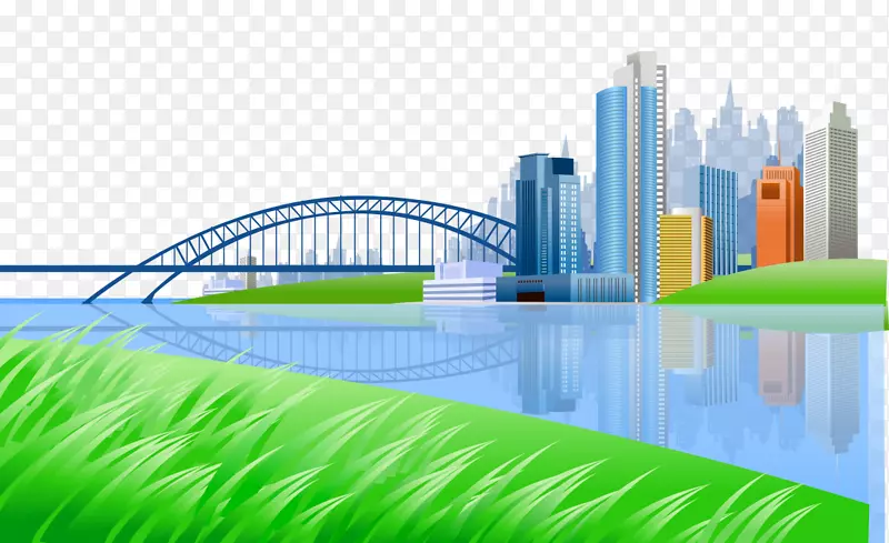 卡通手绘草原江岸上城市桥梁风景