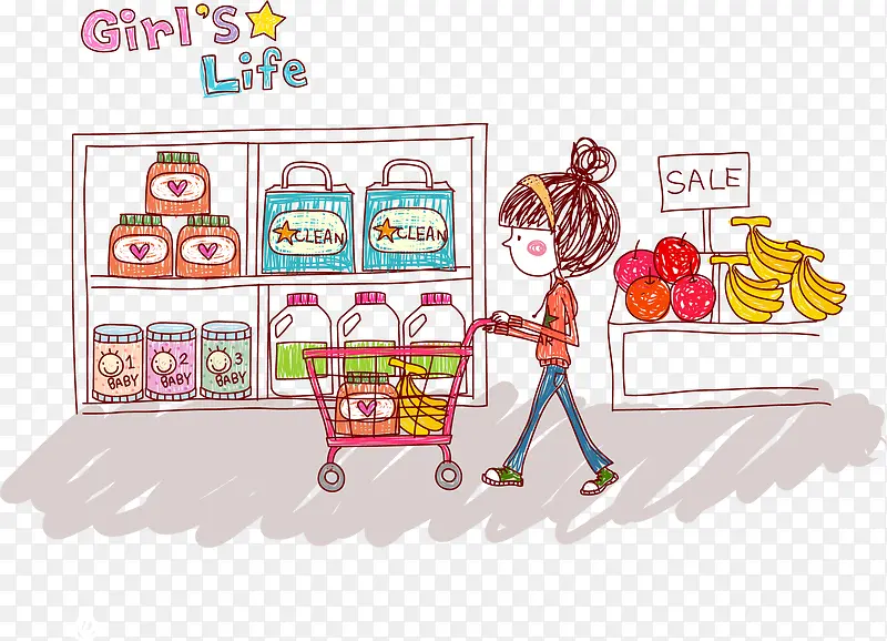 手绘卡通都市女孩超市购物插画